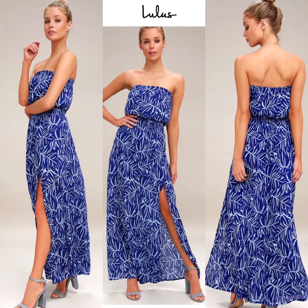 Granada Royal Blue Leaf Print Strapless Maxi Dress